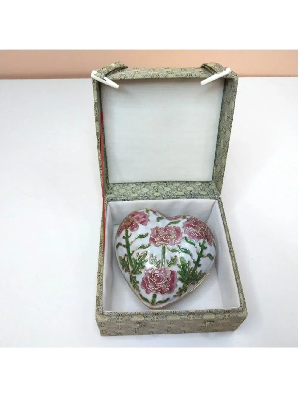 Vintage Heart-Shaped Cloisonné Enamel Trinket Box With Original Box Large